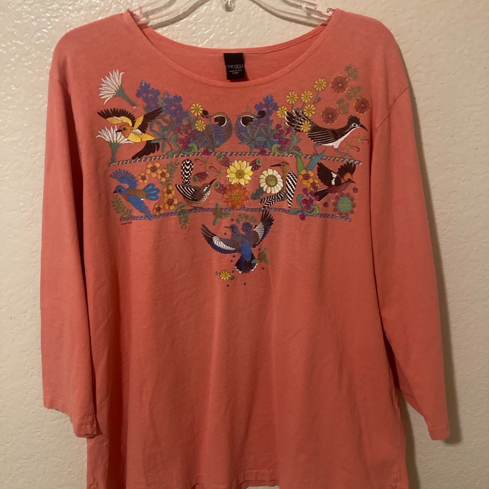 Sabaku Coral Top with Floral and Bird Motif